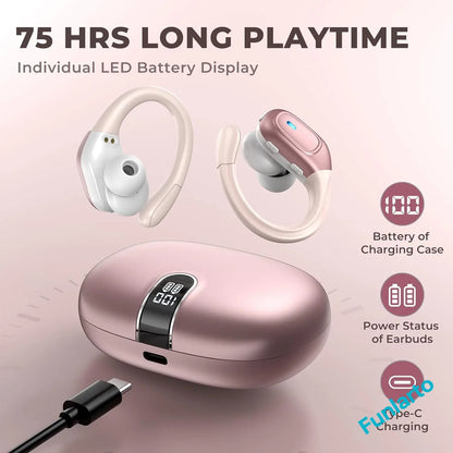 Sport Bluetooth 5.3 Earphones Earhook Headphones IPX7 Waterproof Wireless Earbuds 75 Hrs with LED Power Display Physical buttons
