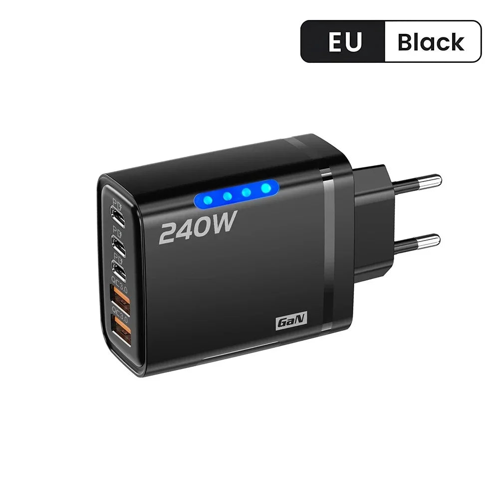 240W 5 in 1 USB C GaN Desktop Charger Fast Charge Phone Adapter 10A Type C Cable For iPhone Samsung Xiaomi EU/US/UK Plug Charger