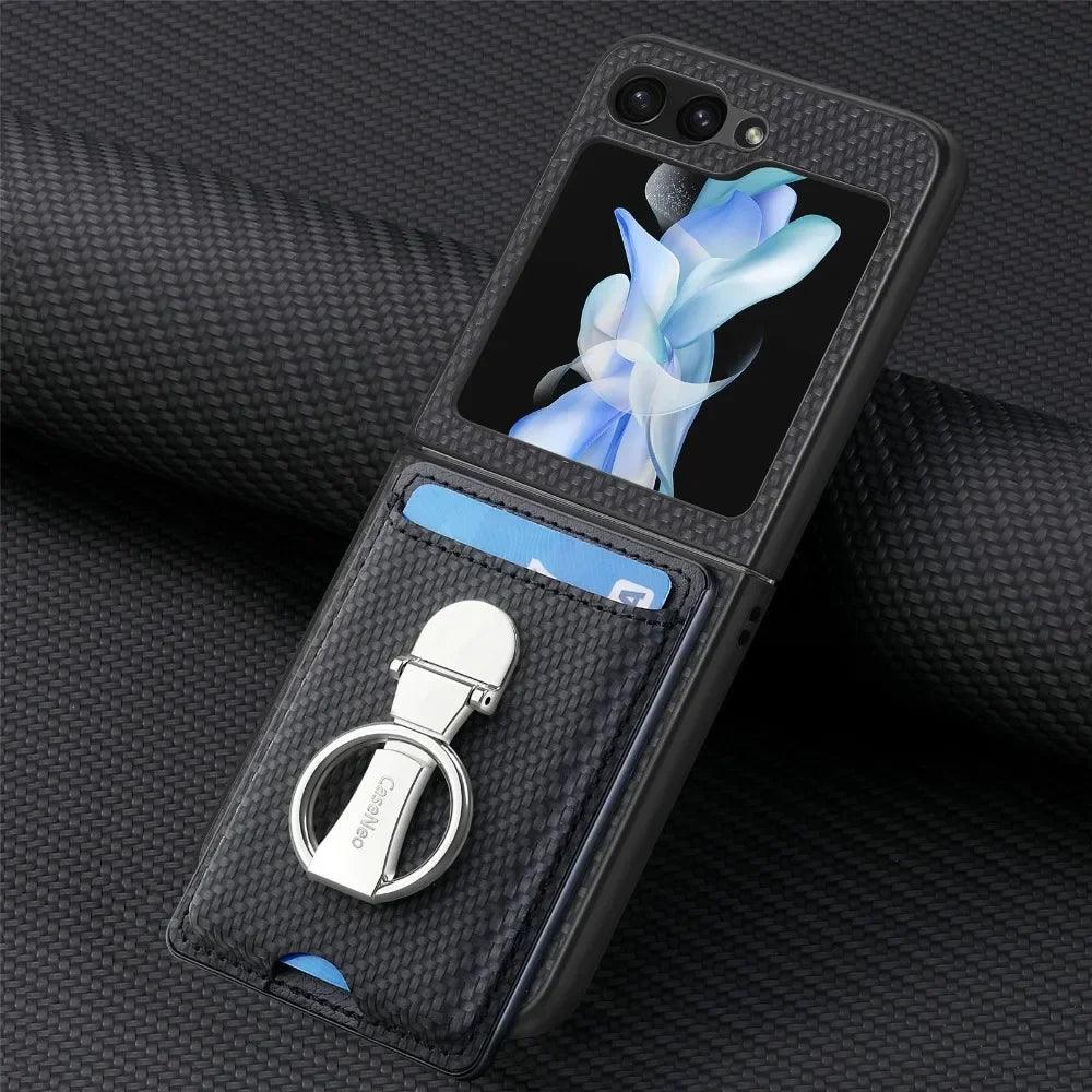 Luxury Ring Stand Leather Phone Case for Samsung Galaxy Z Flip 8 Flip 7 6 5 4 3 Flip7 FE Wallet Card Slot Shockproof Cover