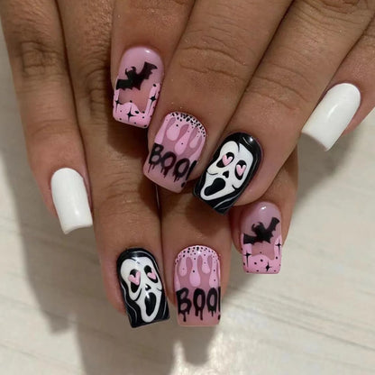 24Pcs Halloween Spider Print False Nails – Gothic Short Round Press-on Nail Tips for Women