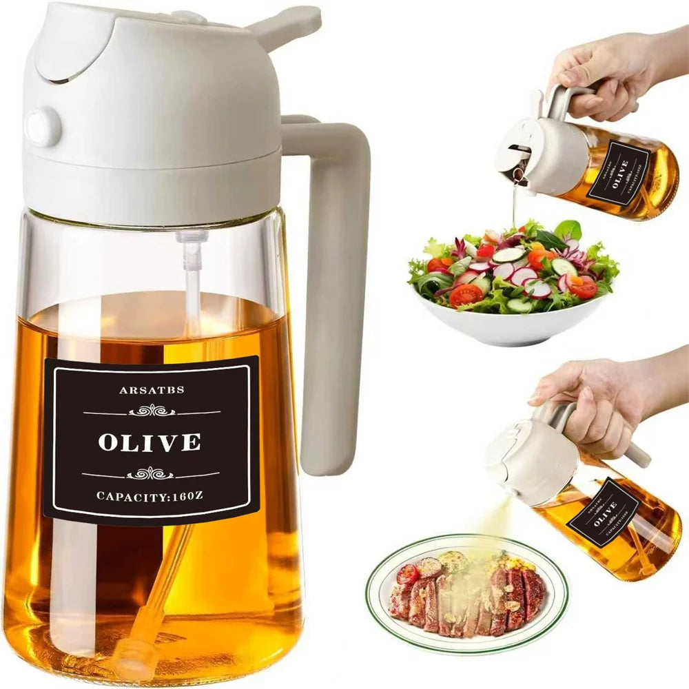 Oil Sprayer for Cooking, Kitchen 2 in 1 Spray and Pour Olive Oil Dispenser with Stickers,470ML Glass Oil Spray Bottle