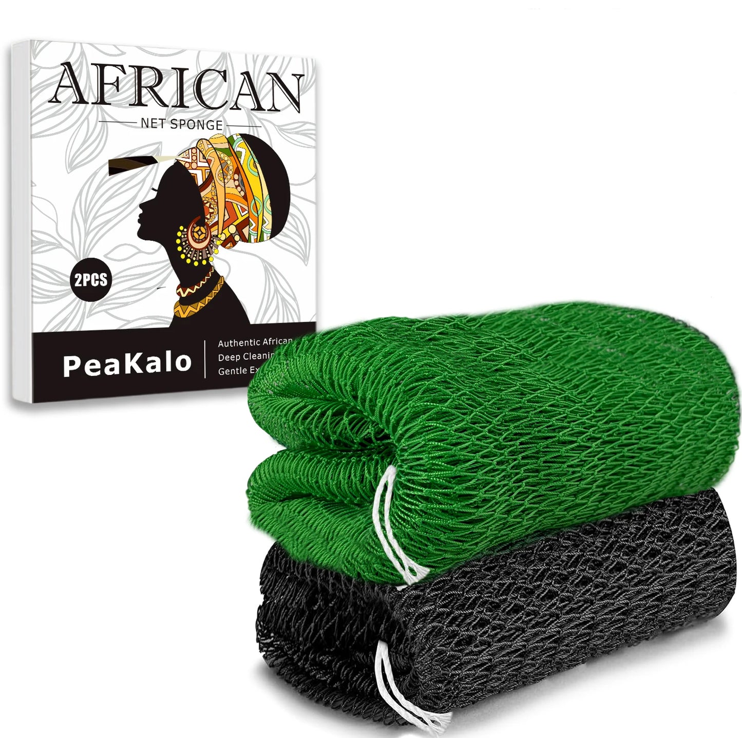 PeaKalo Authentic African Net Sponge-2Pcs Exfoliating Bath Shower Loofah Sponge, Gentle Back Scrubber for All Skin Types,Durable