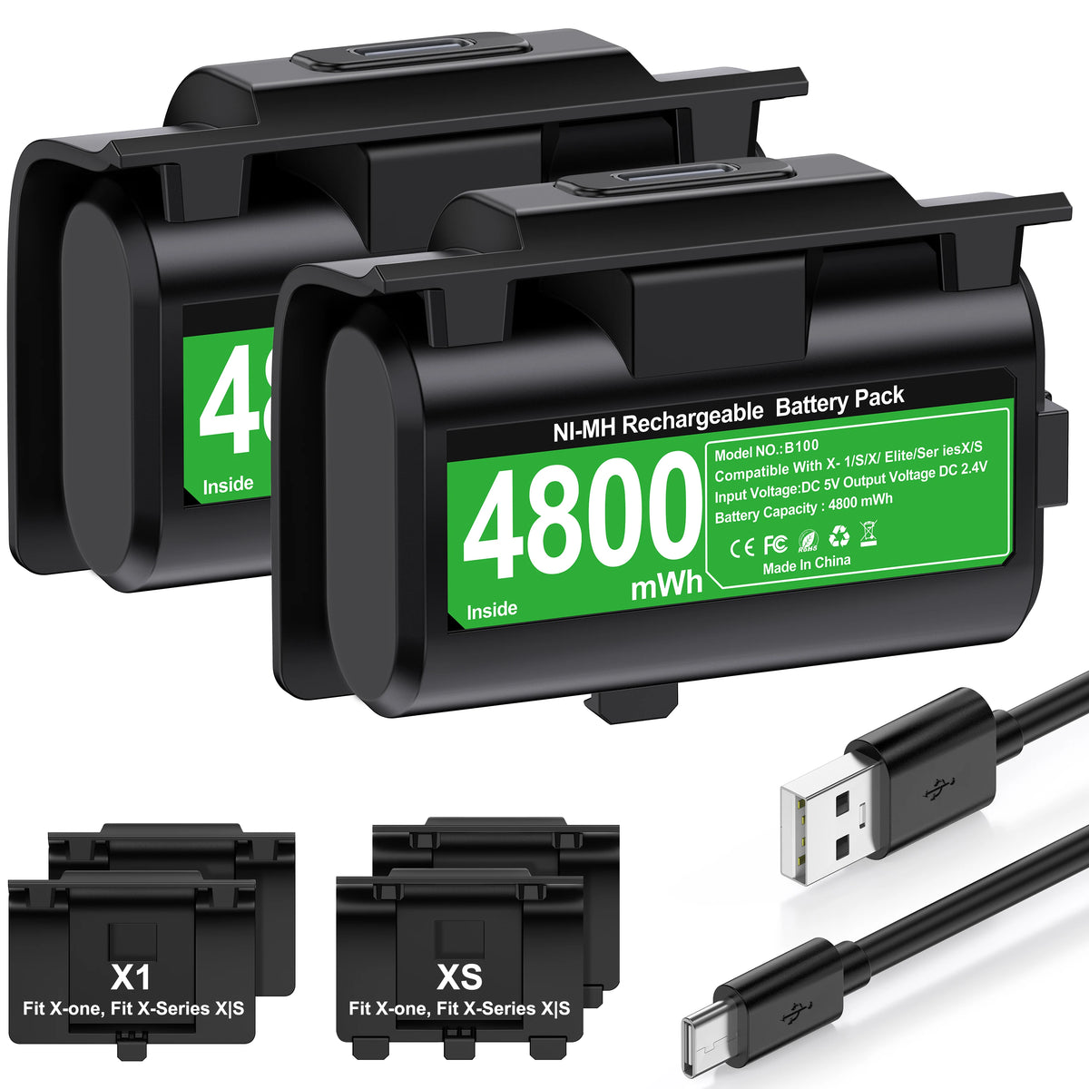 DinoFire Rechargeable 2x4800mwh Battery Packs For Xbox Series X/S ＆ Xbox One X/S Battery with Charging Cable