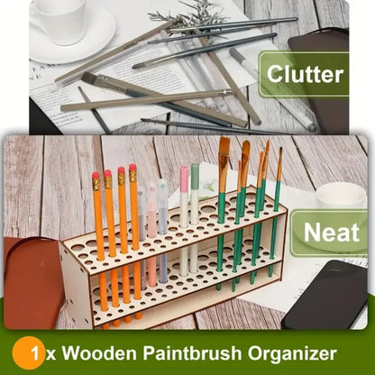 Wooden Brush Holder 67-Slot Premium Double-layer Durable Artist Desk Organizer Pencil Paint Brushes Storage Art Craft - Urbizia