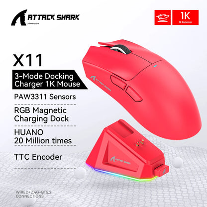 Attack Shark X11&R1 Wireless Gaming Mouse - Tri-Mode , PAW3311 Sensor,22K DPI, 400 IPS, RGB PC Gaming Mouse