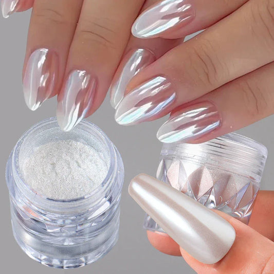 1 Box White Chrome Pearl Nail Powder Aurora Mirror Nail Art Powder Pigment Fairy Pink Effect Rubbing Glitter Nail Art Decoration