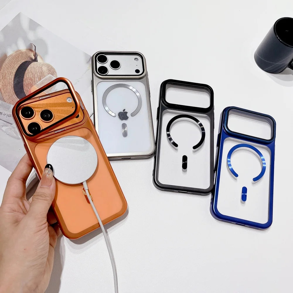 Luxury Lens Protect Stand Holder Bracke Clear Phone Case For iPhone 17 Pro Max 17 Pro Large Window Shockproof Armor Bumper Cover