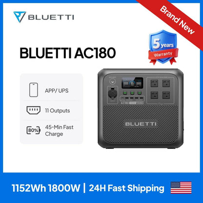 【Brand New Warranty 5 Years】BLUETTI AC180 Solar Portable Power Station 1800W 1152Wh Solar Generator for Camping Off-grid Power