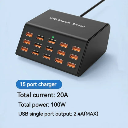 100W Desktop Universal USB Charger 15 Ports USB Fast Charging Station For Ipad Iphone 15 14 13 12 Pro Max Samsung S24 Tablet - Urbizia