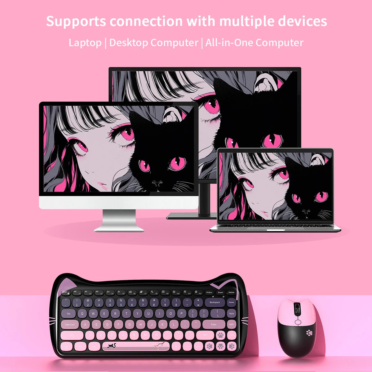GEEZER Wireless Connection Cute Cat Shape Mixed Color Keycaps Ergonomic Cute Cat Style Keyboard Mouse Set