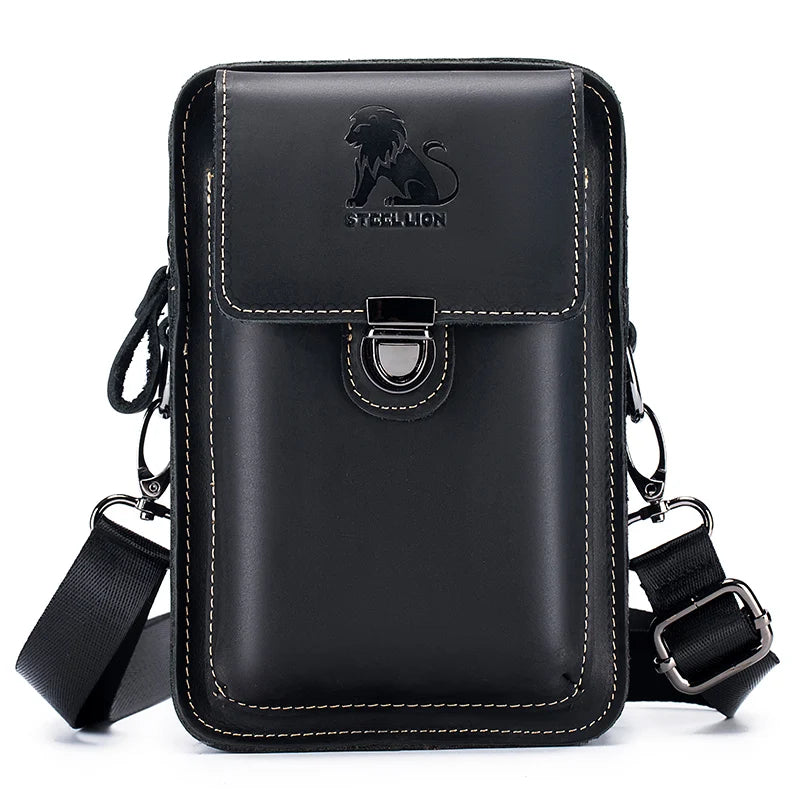 Crazy Horse Skin Men's Wearing Belt Phone Waist Bag Top Layer Cowhide Multi functional Single Shoulder Crossbody Phone Bag