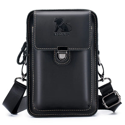 Crazy Horse Skin Men's Wearing Belt Phone Waist Bag Top Layer Cowhide Multi functional Single Shoulder Crossbody Phone Bag