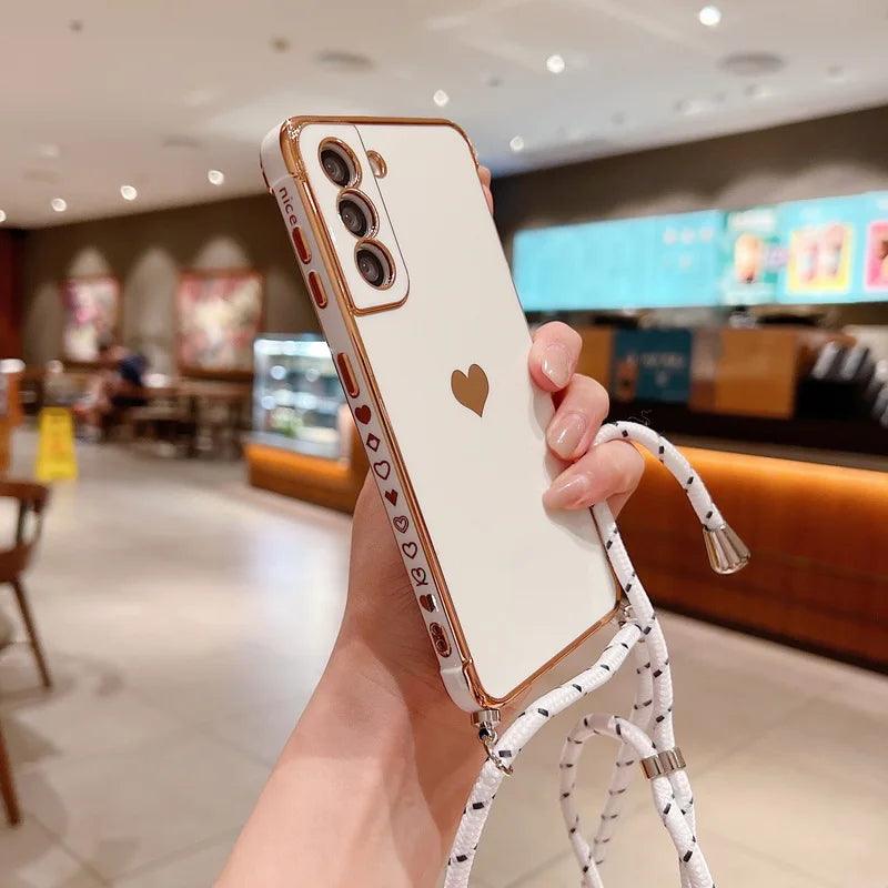 Crossbody Strap Cord Phone Case For Samsung Galaxy S26 S25 S23 S24 Ultra S24 FE A17 A57 A16 A55 5G Plating Heart Lanyard Cover