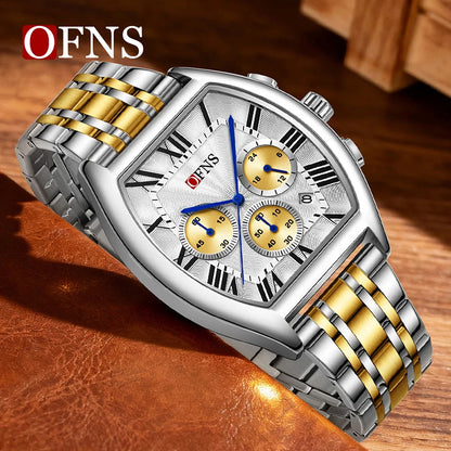 OFNS 1644 Fashion Men Quartz Wristwatch design six-pin Multifunction Chronograph Calendar Waterproof Steel Strap Sports Watches