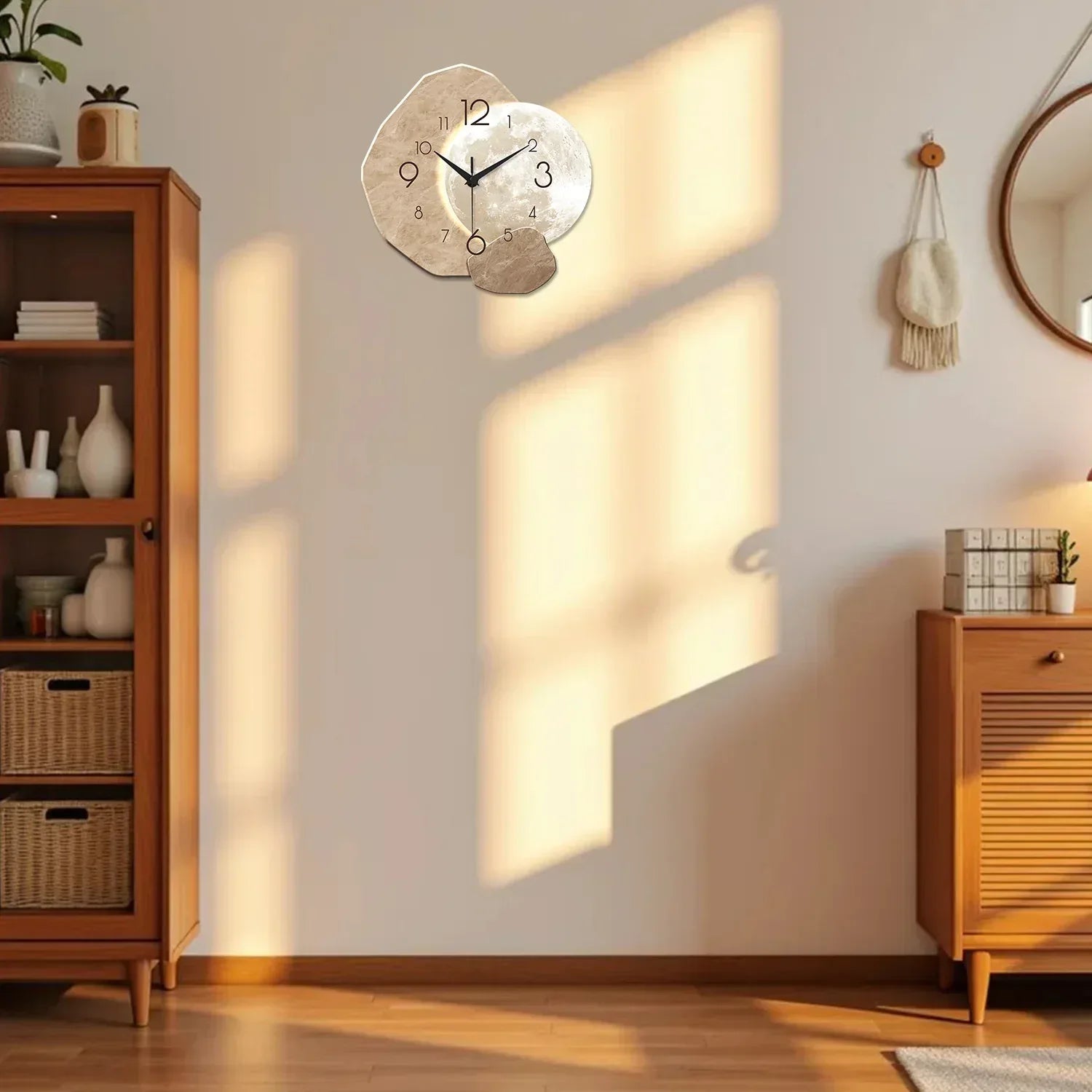Modern Simple Silent Wall Clock, Moon Design - Quartz Movement, Wooden Material, for Bedroom, Living Room or Office Decoration - Urbizia