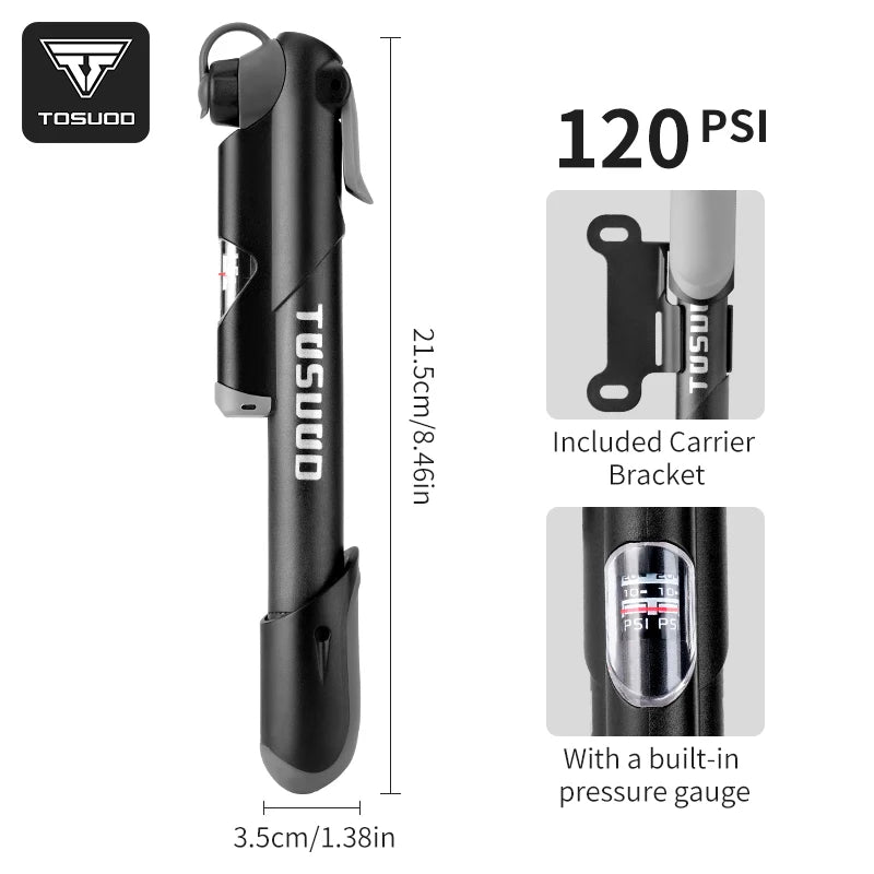 TOSUOD Bicycle Air Pump Compatible With Both Presta And Schrader Valves For Bike Pumps Portable Mini 120PSI Air Pump