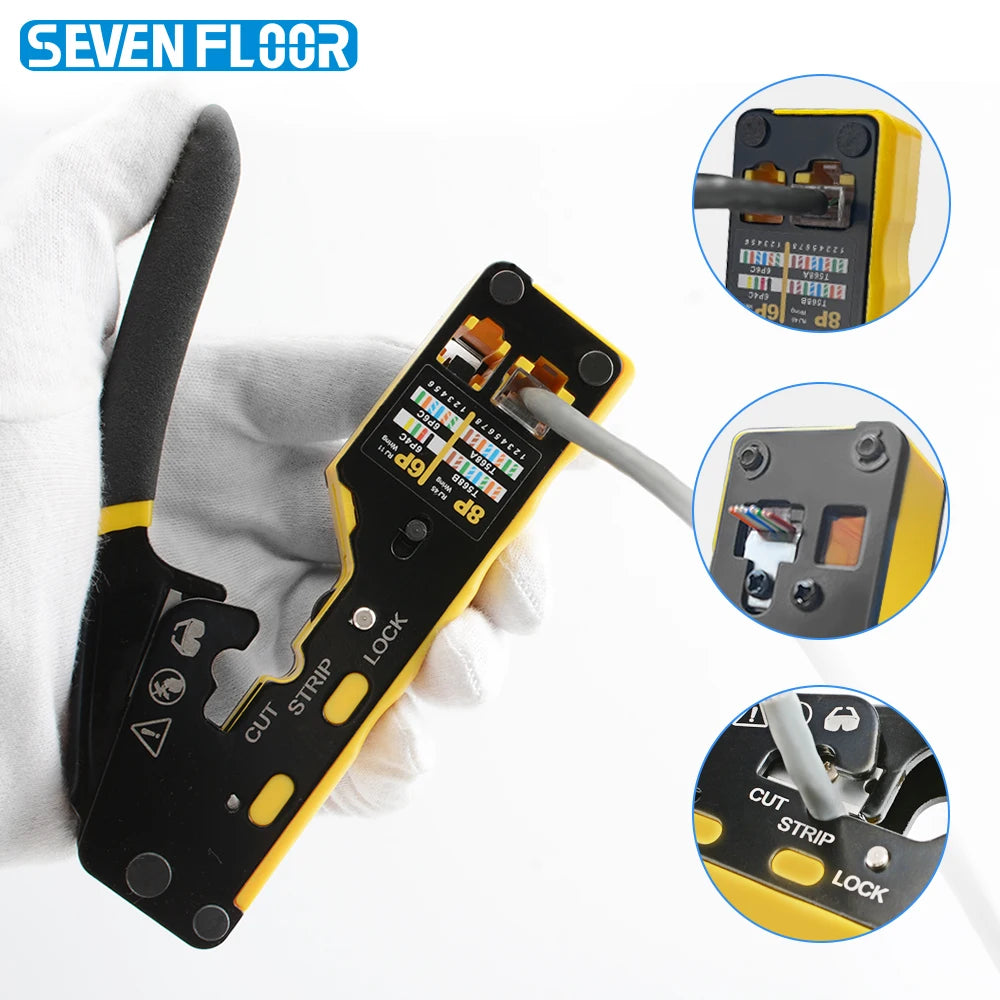 EASY-Type RJ45 Network Crimper - 3-in-1 Crimp/Cut/Strip Lan CAT6A/6/5E (STP/UTP) & RJ11/12 Tel Modular Cable