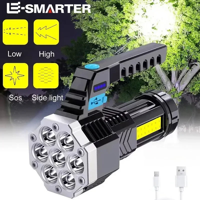 High-Power 7-LED Rechargeable Camping Flashlight with COB Side Light - Urbizia