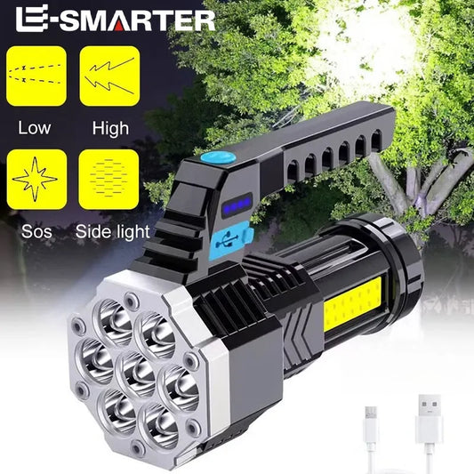 High-Power 7-LED Rechargeable Camping Flashlight with COB Side Light