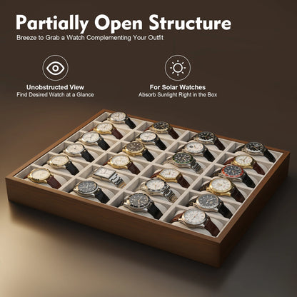 24 Slots Watch Box Organizer for Men Black Watch Holder Stand Display Storage Case
