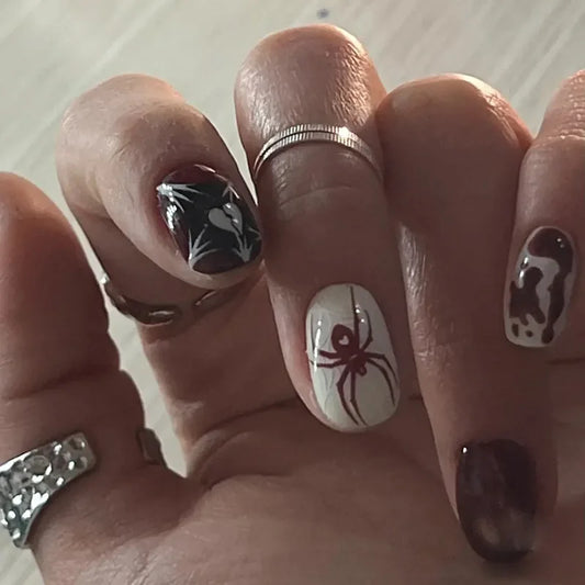 24Pcs Halloween Spider Print False Nails – Gothic Short Round Press-on Nail Tips for Women