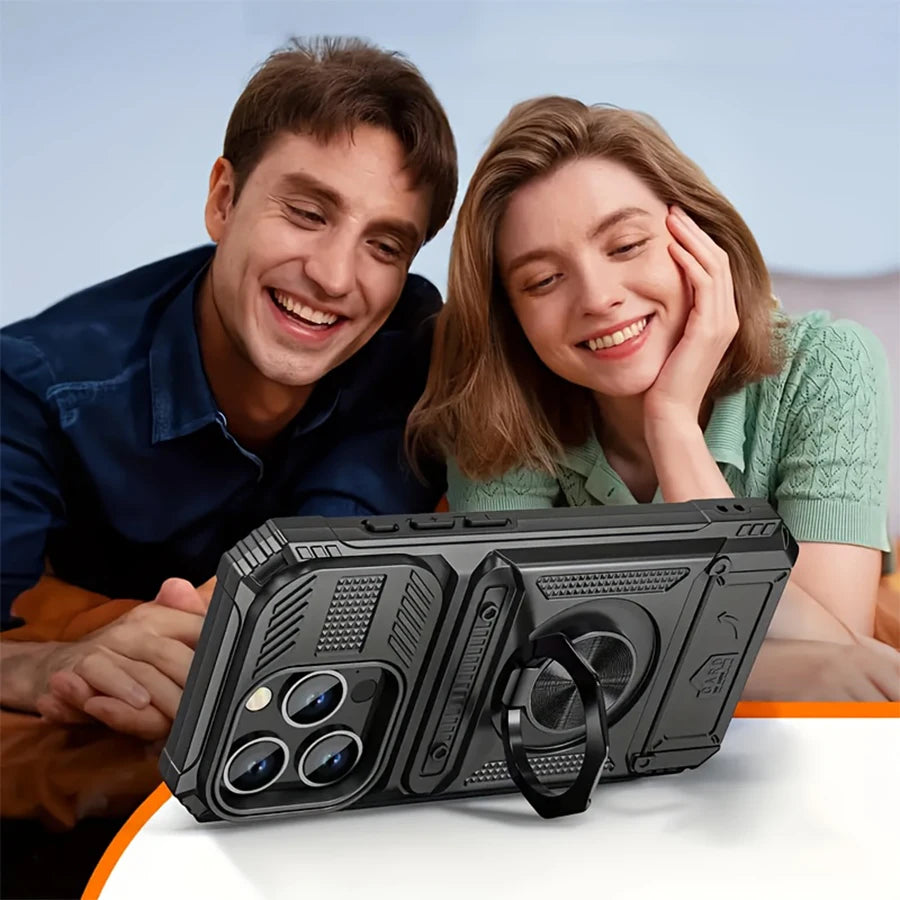 Rugged Armor Phone Case with Hidden Dual Card Slot & 360° Rotating Metal Ring Holder Kickstand, Shockproof Heavy-Duty Hard Shell with Raised Camera Protection, Compatible with iPhone 18/17 Pro Max/16/15/14/13/12/11/Plus/Aie