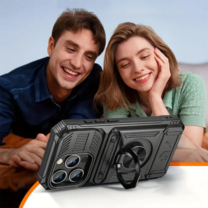 Rugged Armor Phone Case with Hidden Dual Card Slot & 360° Rotating Metal Ring Holder Kickstand, Shockproof Heavy-Duty Hard Shell with Raised Camera Protection, Compatible with iPhone 18/17 Pro Max/16/15/14/13/12/11/Plus/Aie