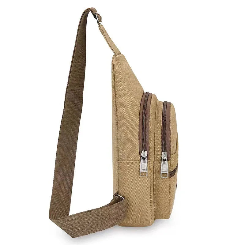 Men'S Chest Bag Retro Canvas Waterproof Shoulder Bag Large Capacity Multi Pocket Crossbody Bag Outdoor Sports Travel Chest Pack