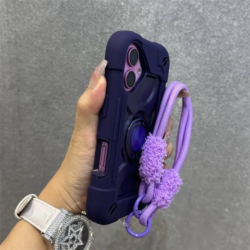 Luxury 3-in-1 Ring Stand Heavy Duty Protective Case For iPhone 17 16 15 14 13 Pro Max Shockproof and Drop-Resistant with Lanyard