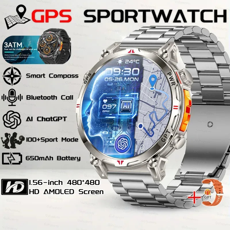 Military Grade Smart Watch Men GPS Compass Altimeter Clock 1.56" AMOLED 5ATM Waterproof Sport Fitness Tracker BT Call Smartwatch - Urbizia