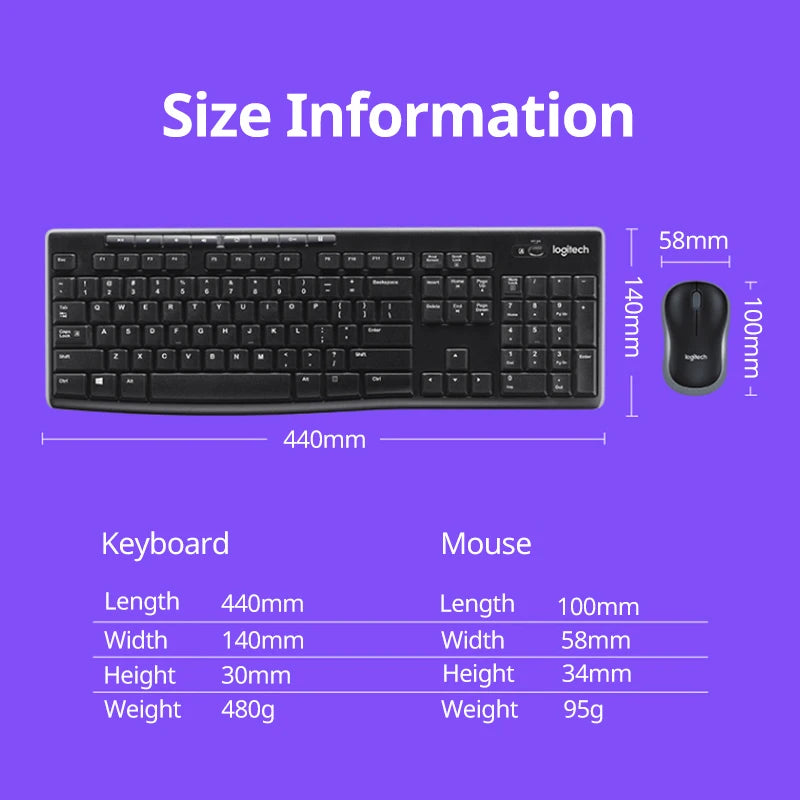 Logitech MK270 Wireless Keyboard and Mouse Suit Laptop Wireless Office Keyboard Full Size with 2.4G Receiver