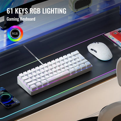 60% Compact Wired Keyboard with RGB Backlight and Membrane Keyswitches. Suitable for Windows tablets, laptops and gamers. White.