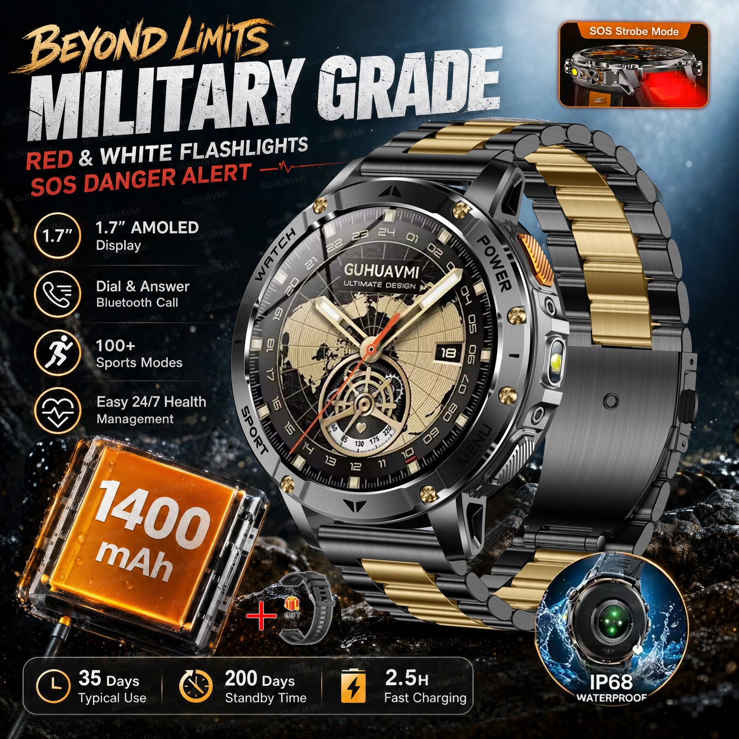 2026 New Military Outdoor Smart Watch Men 10ATM Waterproof Diving Heart Rate Monitor LED Flashlight Bluetooth Call Fitness Watch