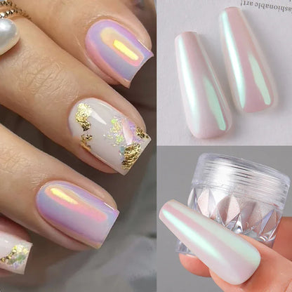 1 Box White Chrome Pearl Nail Powder Aurora Mirror Nail Art Powder Pigment Fairy Pink Effect Rubbing Glitter Nail Art Decoration