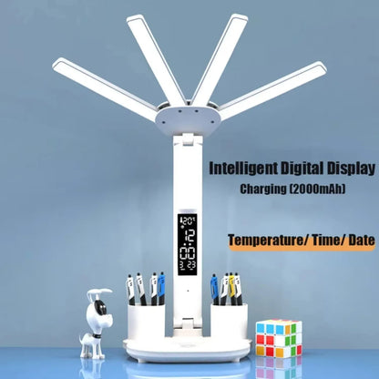 3 Color LED Table Lamp with Fan And Clock Four Headed Folding USB Charging Multifunction Desk Lamp for Reading Night Light - Urbizia