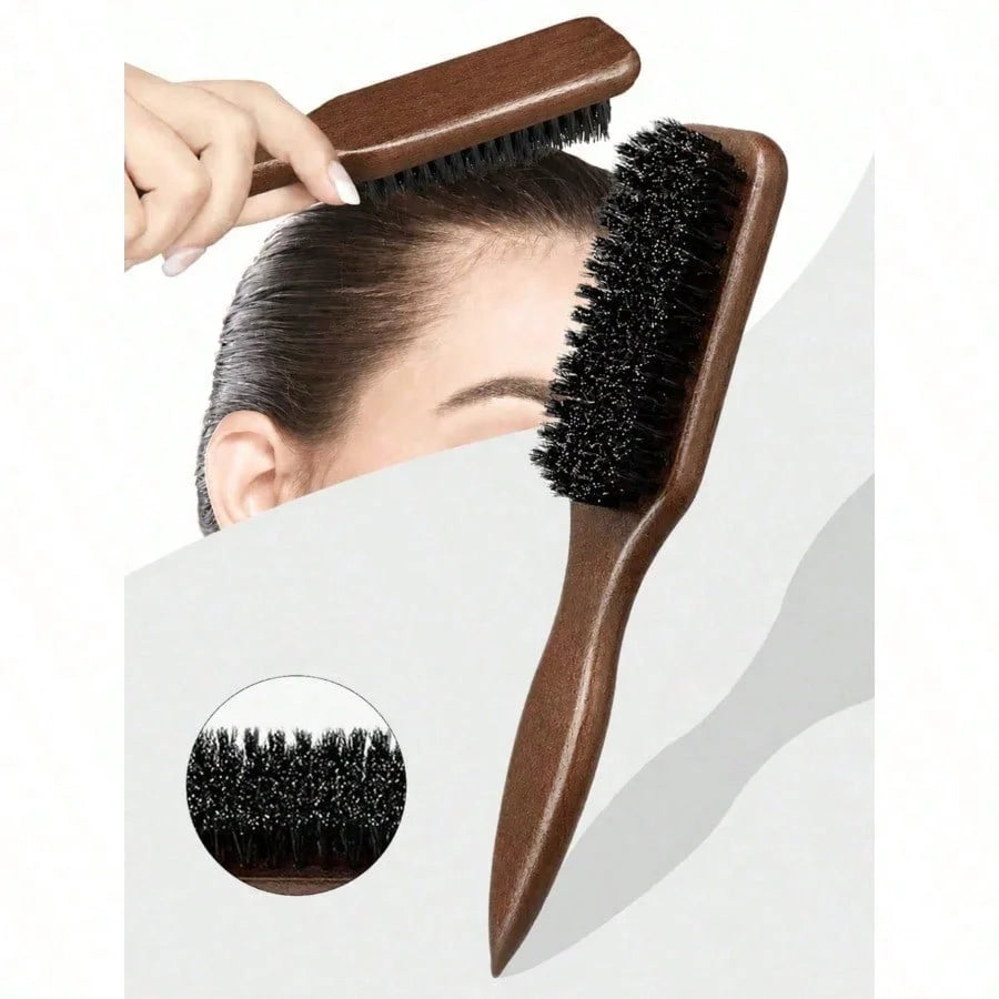Natural Wild Boar Bristle Hair Styling Brush, Polished Solid Wood Handle Hair Comb, High Resilience Soft Bristle Edge Brush for Men Women Beard & Hair Finishing