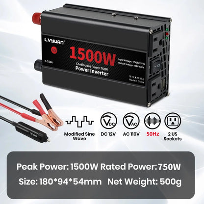 2600W 2000W 1500W LVYUAN Power Inverter 12V 110V 60Hz Car Inverter Dual US Sockets&USB Output Camping/Traval/RV Power Supply