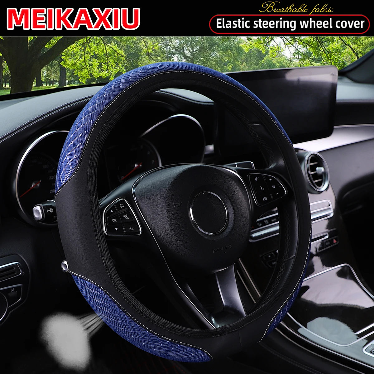 3D Double-Layer Mesh Breathable PU Leather Steering Wheel Cover Universal Fit Rimless for Cars 14.5-15 Inch FOR WONMEN