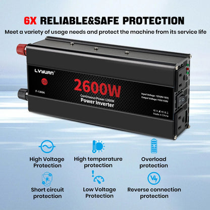 2600W 2000W 1500W LVYUAN Power Inverter 12V 110V 60Hz Car Inverter Dual US Sockets&USB Output Camping/Traval/RV Power Supply