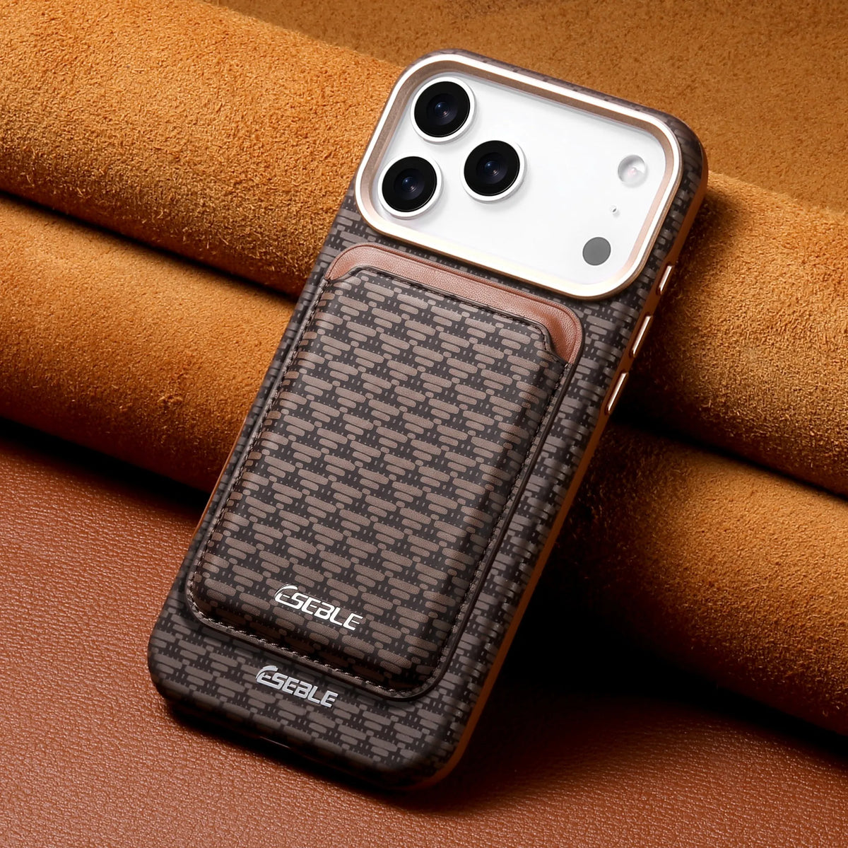 ESEBLE Detachable Magnetic Card Holder Phone Case For iPhone 18 17 16 Pro Max Luxury Vintage Woven Pattern PU Leather MagSafe Wa