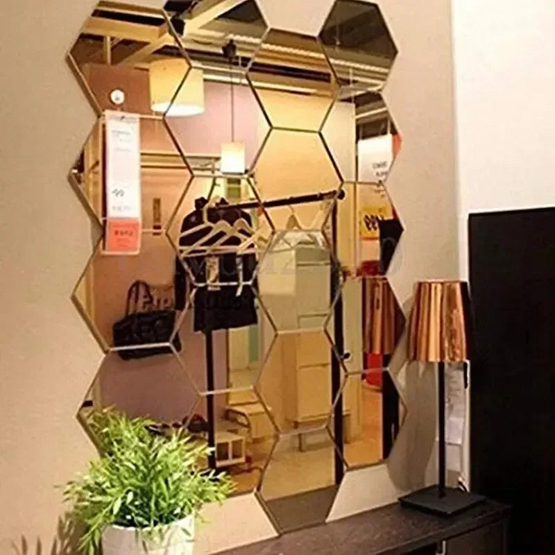 6/12pc Hexagon Mirror Wall Stickers 3D DIY Acrylic Mirror Sticker Self Adhesive Decals Removable Living Room Bathroom Home Decor - Urbizia