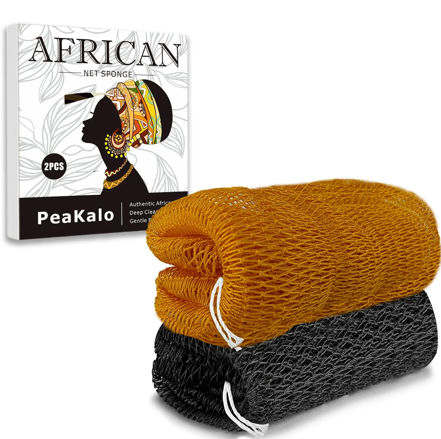 PeaKalo Authentic African Net Sponge-2Pcs Exfoliating Bath Shower Loofah Sponge, Gentle Back Scrubber for All Skin Types,Durable