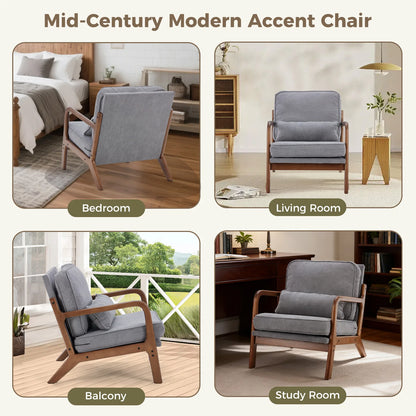 JHK Mid Century Modern Chair Solid Wooden Frame Accent Chair with Arms and Waist Cushion Reading Chairs for Adults Lounge Chair