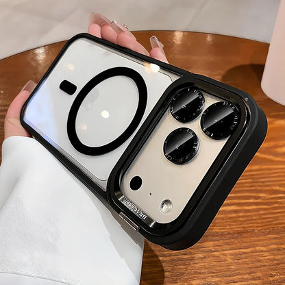 Luxury Magnetic Wireless Charging Lens Holder Case For iPhone 17 16 15 14 13 Pro Max Acrylic Shockproof Armor Transparent Cover