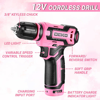 DEKO Home Mechanic Toolbox with 12V Power Cordless Drill Hand Repair Tools Sets Combo Kits Storage Organizer Drawer Case