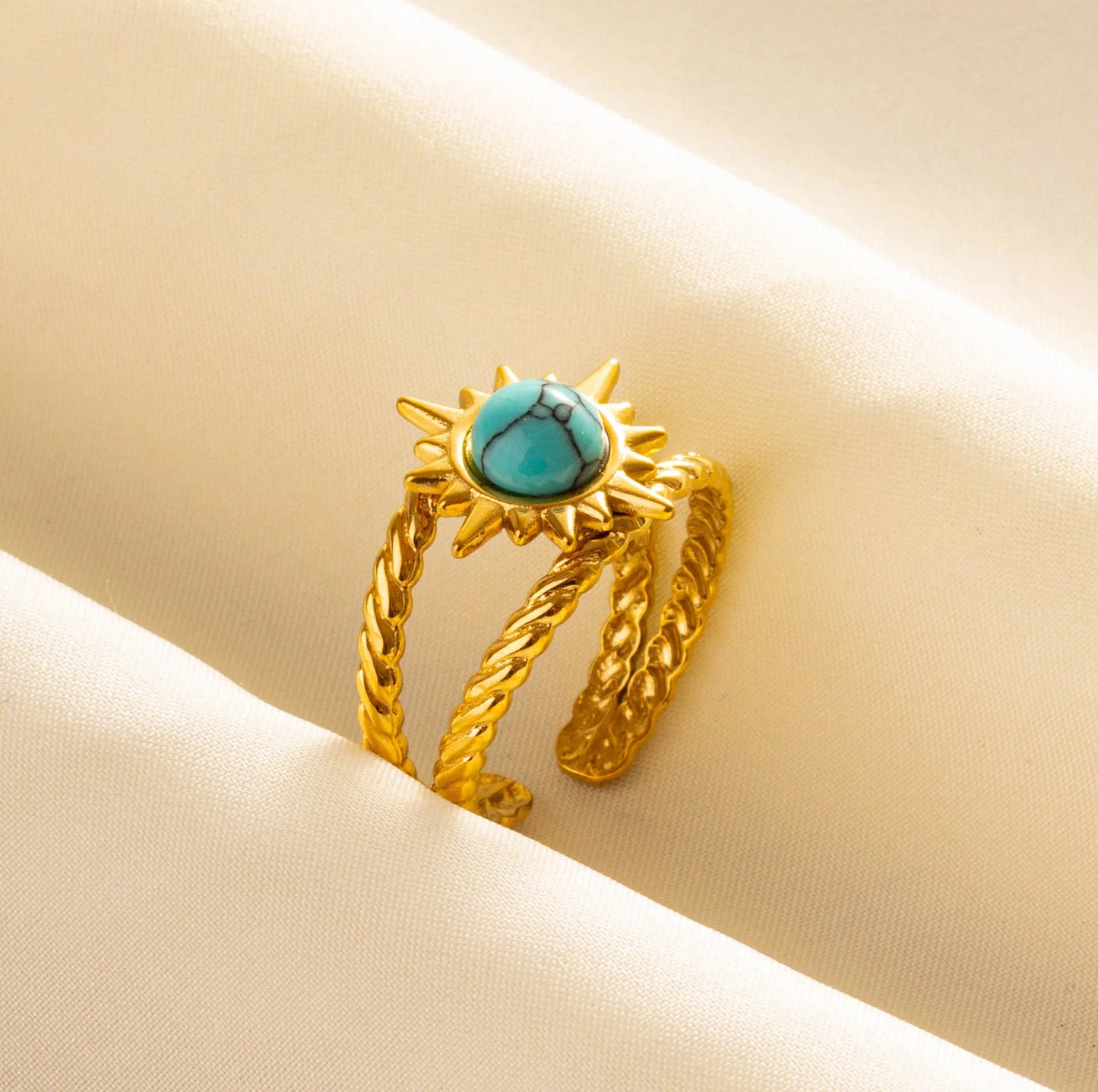 Turquoise Finger Jewelry Long Oval Sun Heart Water Drop Stainless Steel Rings For Women Men Accessories Gold Plated Open Anillos