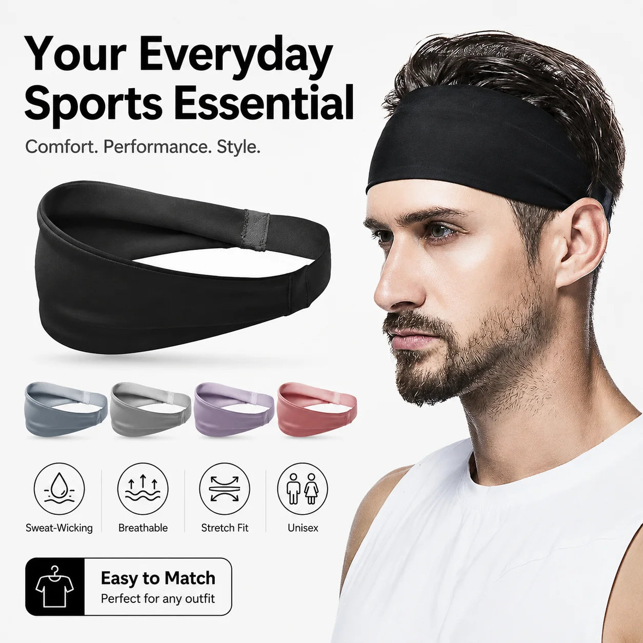 Sports Headband for Men Women Sweat Wicking Stretch Non Slip Hair Band Running Yoga Cycling Basketball Fitness Workouts 5 Colors