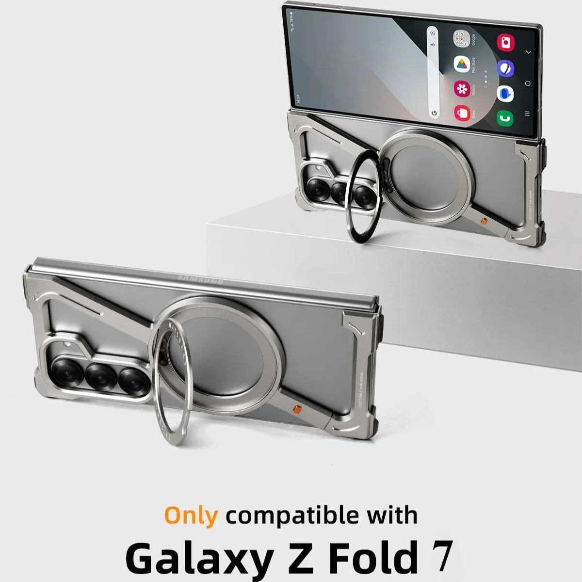 Oatsbasf Aluminium Z Case for Samsung Galaxy Z Fold 7 w/ 360°Rotating Magnetic Stand Frameless Phone Cover Shockproof Bumper