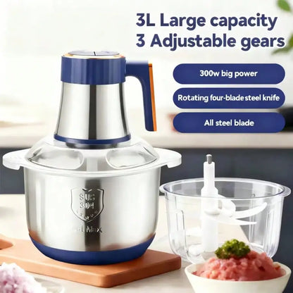 1pc 3L/0.8gal 300W 3-Speed High-Power Low-Noise B-PA-F-Ree 304 Stainless Steel Electric Meat Grinder Food Processor, Modern Kitchen Style Silver & Navy Blue Cylindrical Food Chopper With Ergonomic Handle, 4 Sharp Steel Blades