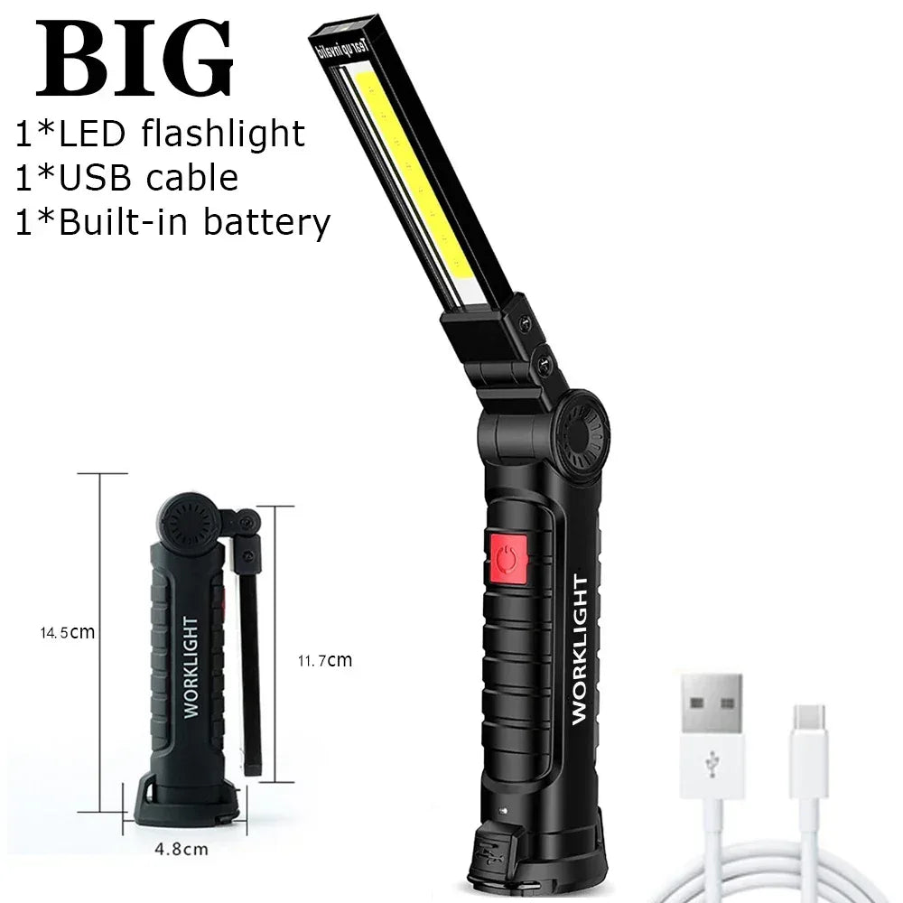 COB LED Folding Flashlight Portable Magnetic Work Light Lantern USB Rechargeable Emergency Repair Camping Torch Lamp With Hook - Urbizia